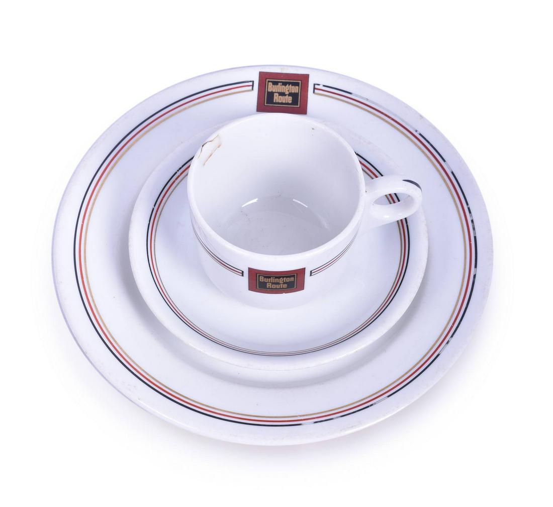 Group of Three Syracuse Burlington / CB&Q Aristocrat: Group of Three Syracuse Burlington / CB&Q Aristocrat China Pieces - 9" plate, 6" saucer, and Tea Cup Group includes 9" dinner plate back stamped U-7, 6" saucer back stamped G-11 wirth crows foot on th