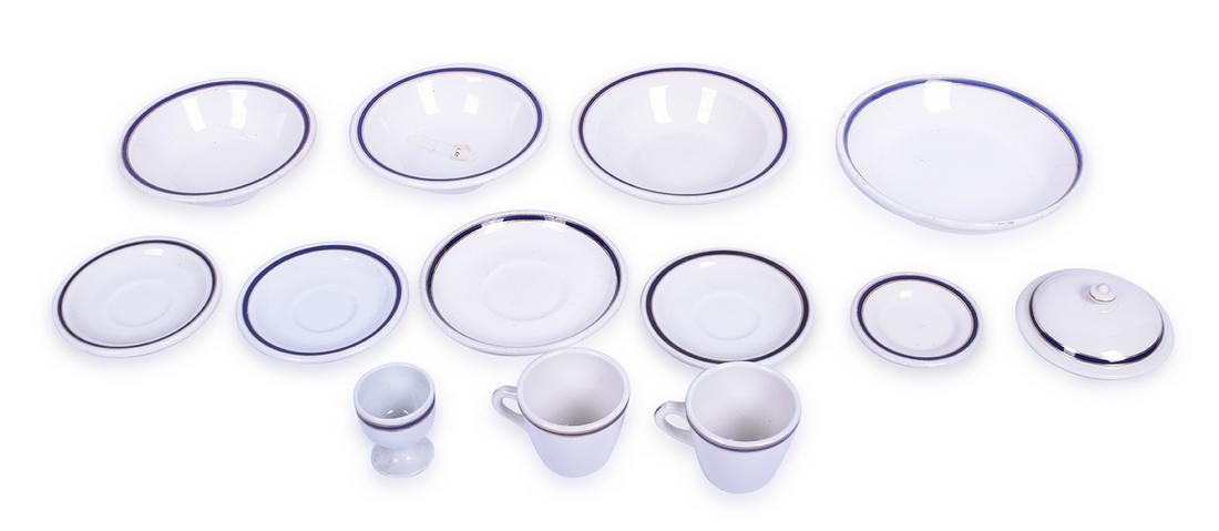 Thirteen Pieces of Union Pacific Railroad Blue / Gold: Thirteen Pieces of Union Pacific Railroad Blue / Gold China - Bowls, Plates, Saucers, Demitasse, Egg Cup Group includes 6 1/2" Scammell's bowl, two 6" 11-HH Syracuse bowls, 7 1/8" K-11 Syracuse bowl,