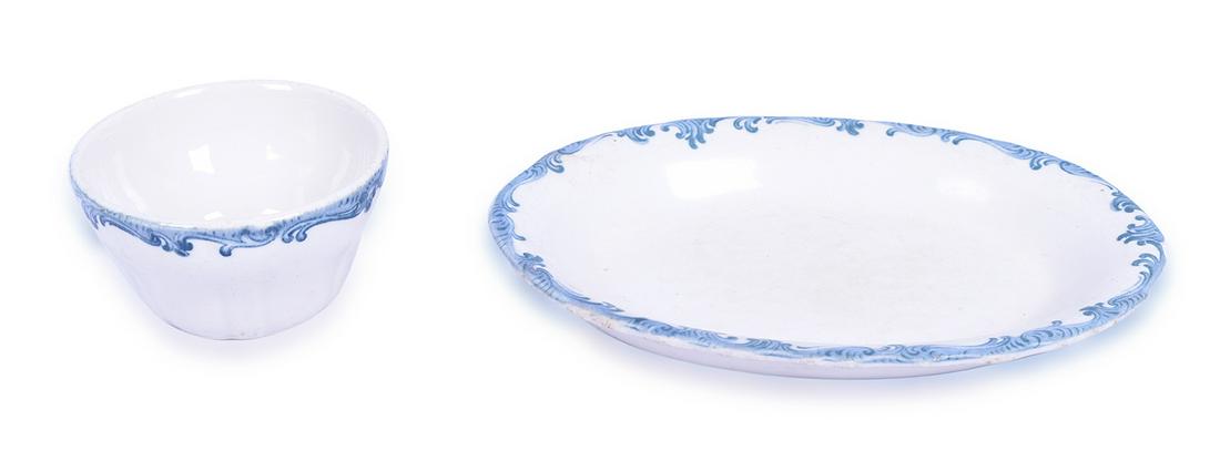 Union Pacific Railroad Harriman Blue- Top 9" Platter: Union Pacific Railroad Harriman Blue- Top 9" Platter and 4" Bowl Platter has two moderate chips on the underside and visible utensil wear. The bowl has minor stacking wear but no chips, cracks or brea