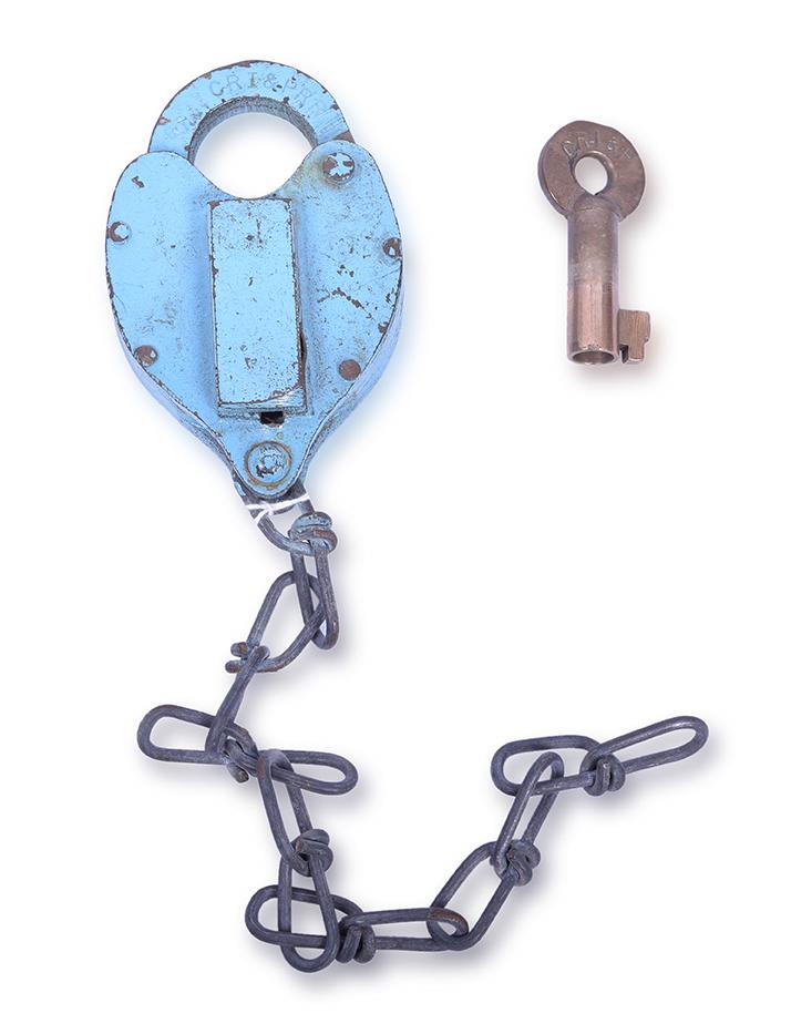 Rock Island Railroad Hansel Rip Track Brass Heart: Rock Island Railroad Hansel Rip Track Brass Heart Shaped Lock w/ Key Lock has been painted blue. The shackle is stamped RT CRI&PRR. The reverse is stamped HANSL MFG CO. Also included is an Adlake key 