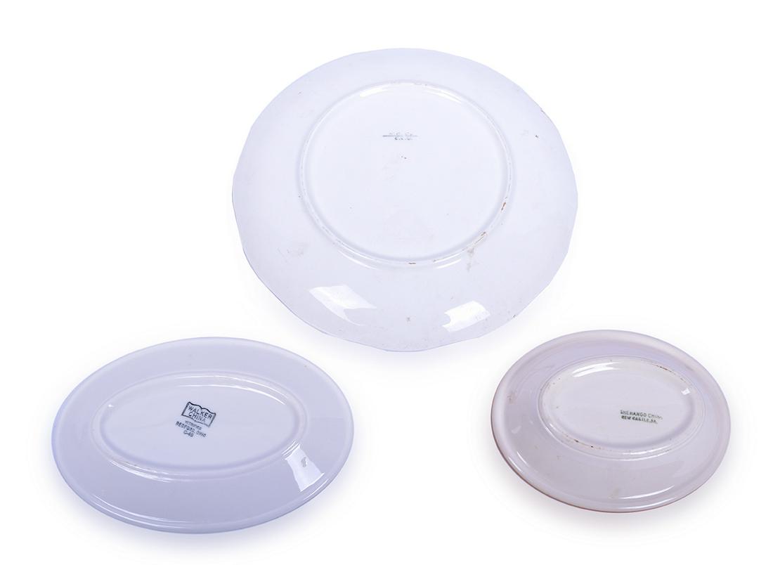 Three China pieces - Rock Island Golden Rocket,: Three China pieces - Rock Island Golden Rocket, Wiechman & Hoffman 1909 Plate, Little Bohemia Lodge - John Dillinger Group of three pieces of china including Shenango Rock Island Golden Rocket 6" oval