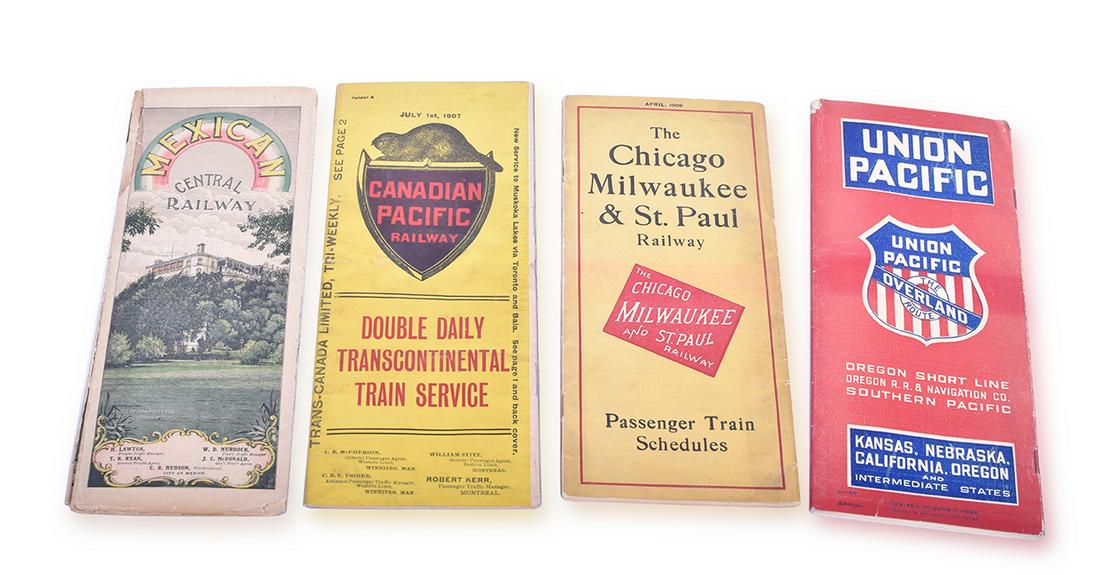 Four Railroad Timetables - Mexican Central 1906,: Four Railroad Timetables - Mexican Central 1906, Canadian Pacific 1907, Milwaukee Road 1908, Union Pacific 1909 Includes Mexican Central Feb 1, 1906 w/ light staining and tears at the main fold, Canad