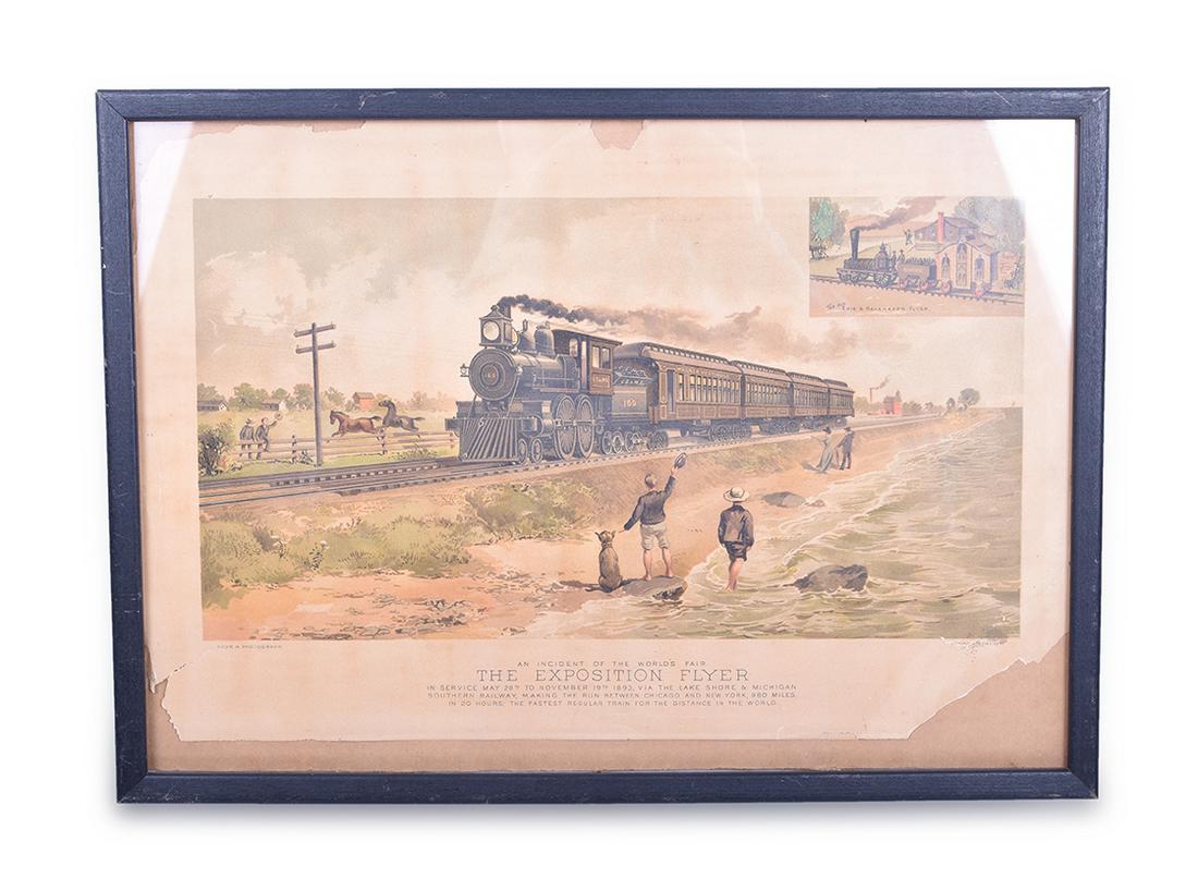 Lake Shore & Michigan Southern Railroad "Exposition: Lake Shore & Michigan Southern Railroad "Exposition Flyer" - 1893 World's Fair - American Fine Art Company Lithograph Lithograph measures 15" x 10". Missing a 2 1/2" x 1/ 1/2" section at the corner as