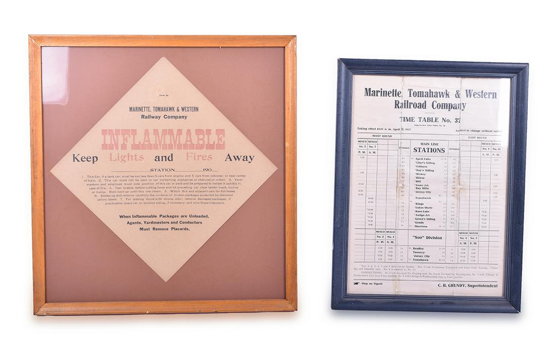Framed Marinette, Tomahawk & Western 1917 Timetable and (1 of 2)
