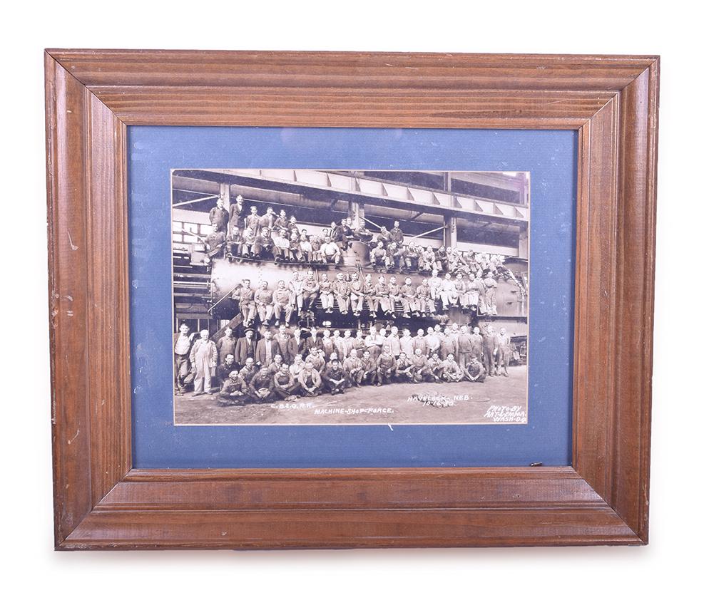 CB&Q / Burlington 1930 Havelock Nebraska Framed Machine: CB&Q / Burlington 1930 Havelock Nebraska Framed Machine Shop Force Photograph Photo dated 10-16-30. Frame measures 17 1/2" x 14 1/2" The photo measures approximately 11" x 8", frame has some wear and