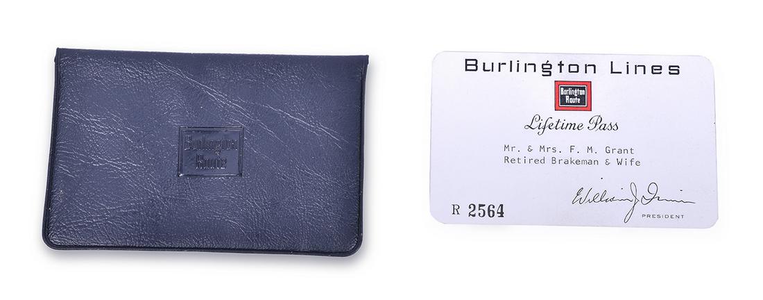Burlington Route / CB&Q Railroad Lifetime Pass w/: Burlington Route / CB&Q Railroad Lifetime Pass w/ Original Embossed Pass Holder Lifetime pass number R 2564 issued to Mr. & Mrs. F.M. Grant who was a retired Brakeman for the railroad. Signed by Willi