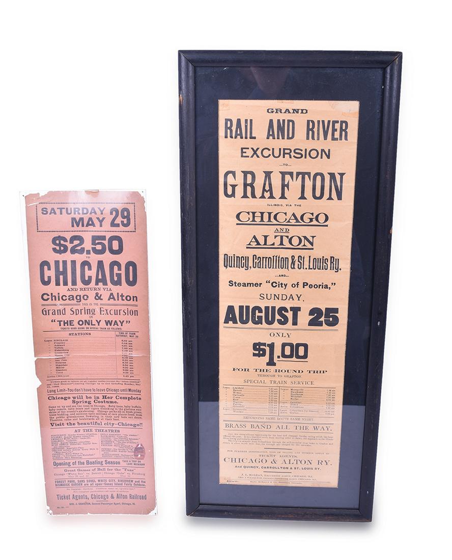 Chicago & Alton Railroad 1901 and 1909 Broadsheet: Chicago & Alton Railroad 1901 and 1909 Broadsheet Advertisements Pair of broadsheets including August 25, 1901 Rail & River Excursion to Grafton via Chicago & Alton, Quincy, Carrollton & St. Louis Ry.