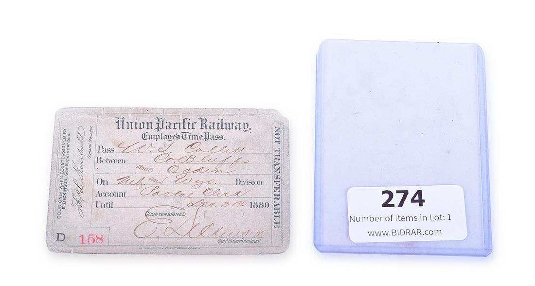 Union Pacific Railroad 1889 Employee Time Pass (1 of 2)