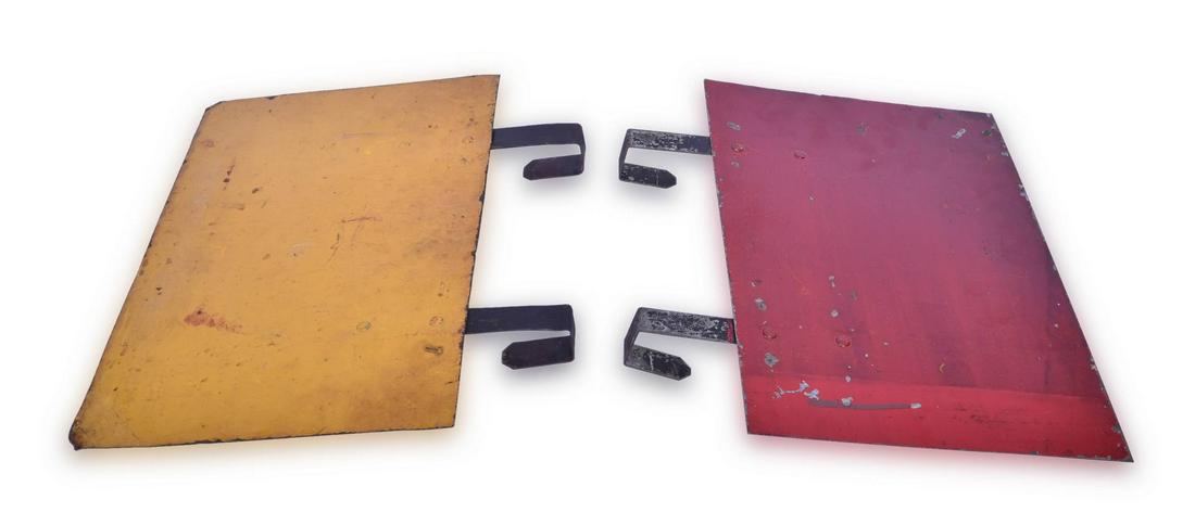 Pair of Metal Railroad Caboose Marker Flags - Red &: Pair of Metal Railroad Caboose Marker Flags - Red & Yellow Pair of metal red and yellow railroad caboose marker flags. These measure 11" x 16" and both show multiple layers of paint and typical wear. 