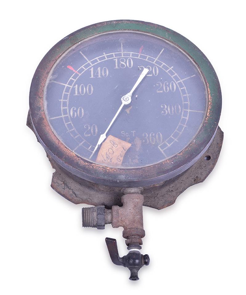 7 3/4" Brass Pressure Gauge - Reads Up to 360: 7 3/4" Brass Pressure Gauge - Reads Up to 360 Gauge reads Sc.T and has a patent date of Aug 28, 1906. Unfortunately, there was a piece of masking tape attached to the gauge face on 7-20-1965 over the 