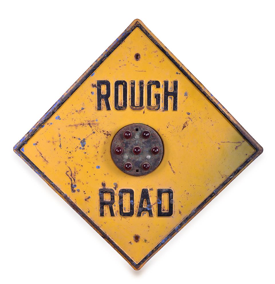 Rough Road Pressed Steel Sign w/ Red Glass Cat Eye (1 of 2)