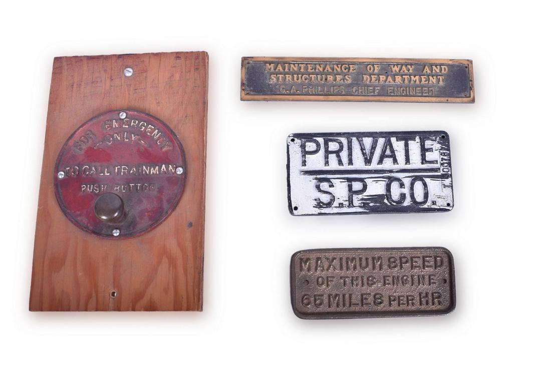 Group of Cast Iron and Brass Railroadiana - Call: Group of Cast Iron and Brass Railroadiana - Call Button, Maximum Engine Speed, etc. Group of cast iron and brass Railroadiana. Includes 4 1/2" diameter cast iron plate which reads, "For Emergency Use 