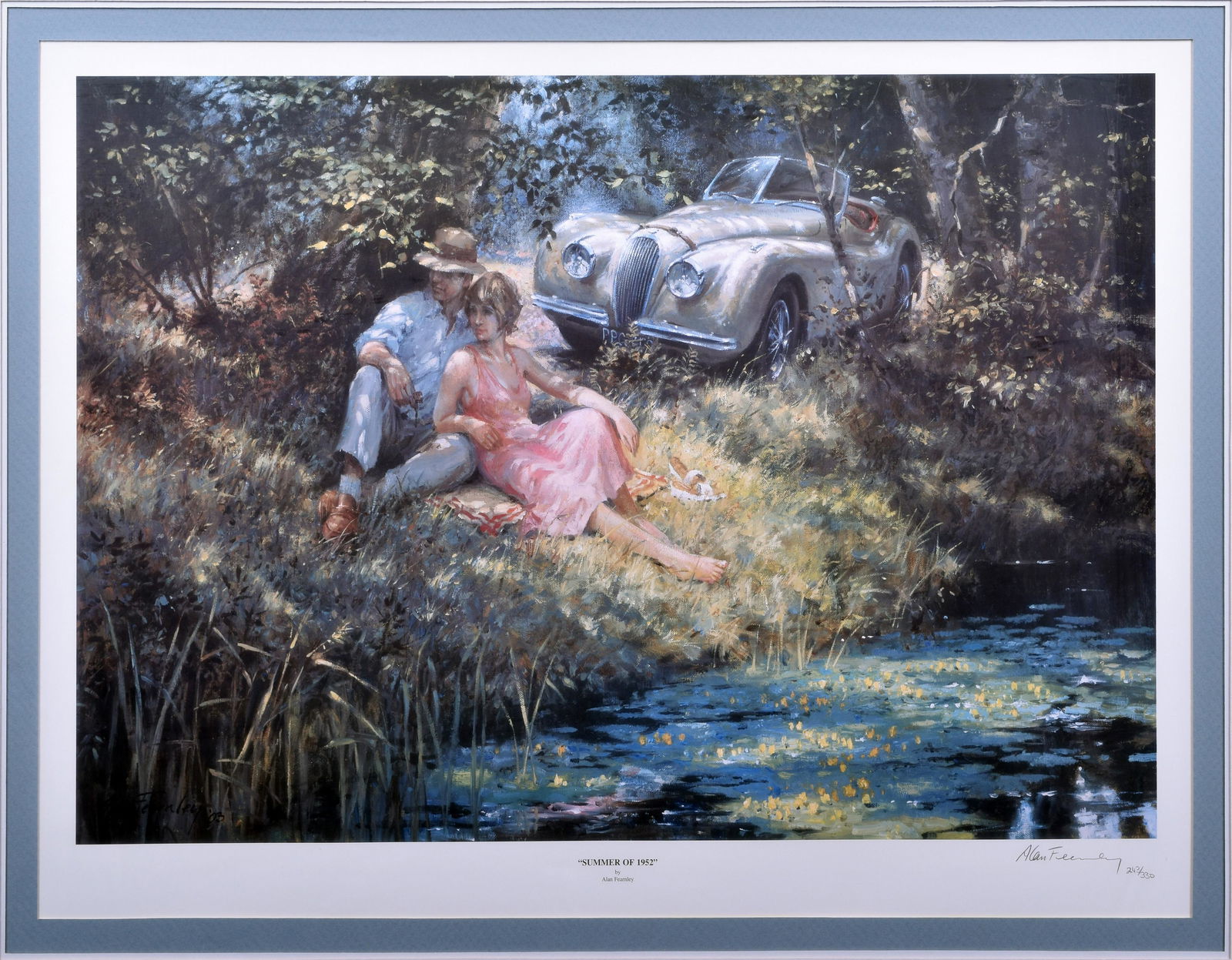Alan Fernley, Summer of 1952, Closed edition print, 33 7/8" x 27 1/4": Alan Fernley Summer of 1952 Closed edition print Alan Fearnley closed edition print featuring the Jaguar XK120 in a Summer setting by a stream. . Signed and numbered on the lower right corner with 243