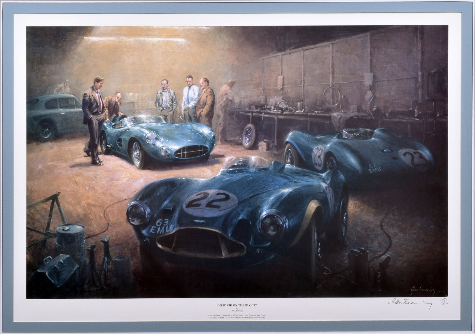 Alan Fearnley, New Kid on the Block, Closed edition print, 36" x 28 3/4": Alan Fearnley New Kid on the Block Closed edition print Alan Fearnley closed edition print #250 of 300 featuring the Aston Martin DBR1 in 1956 . Signed and numbered by the artist. Visible image measur