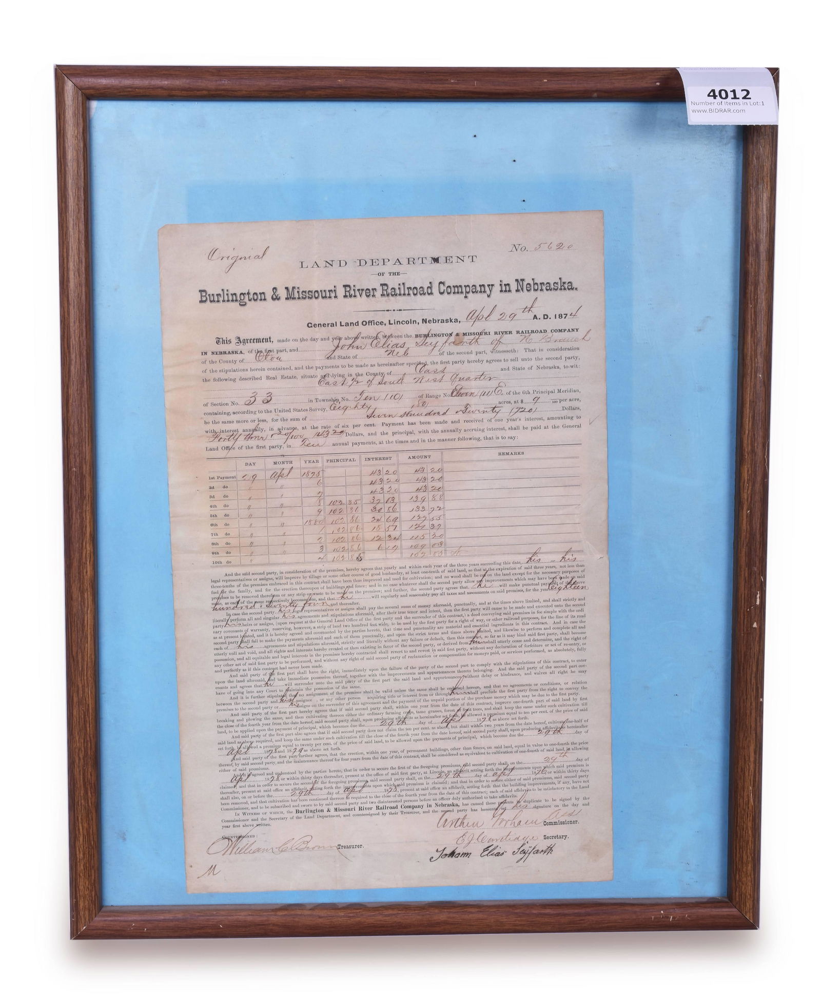 Original 1874 Burlington and Missouri River Railroad Land Department Land Sale Document (1 of 3)