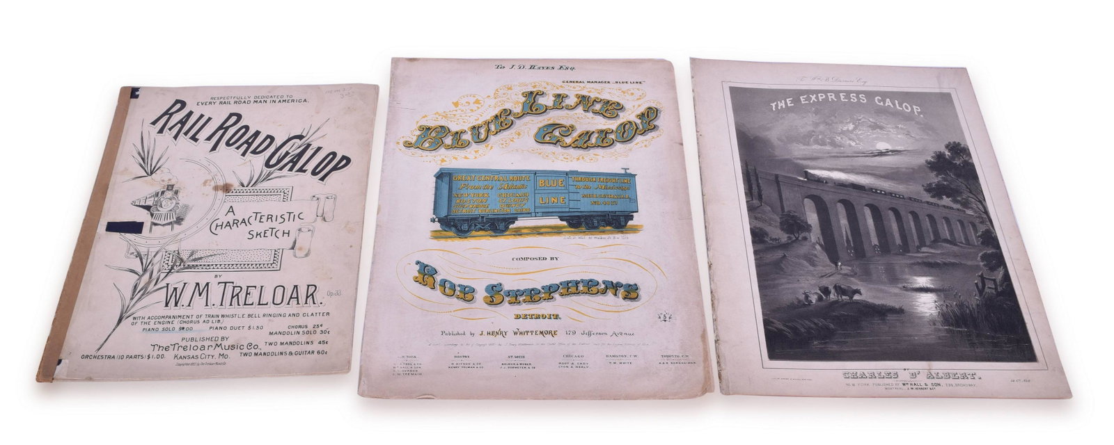Three Sets of Railroad Related Sheet Music - D'Albert, Treloar, and Stephens: Three sets of railroad related sheet music including The Express Galop by Charles D' Albert, The Railroad Galop by W.M. Treloar copyright 1893 (Repaired spine), and the Blue Line Galop by Roe Stephens