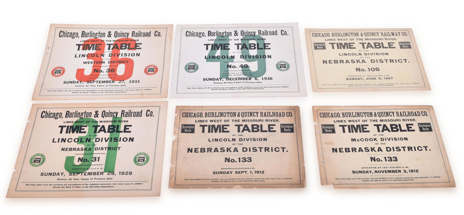 Group of six CB&Q / Burlington Employee Timetables - Lincoln and McCook Division - 1913, 1929, 1912, (1 of 2)