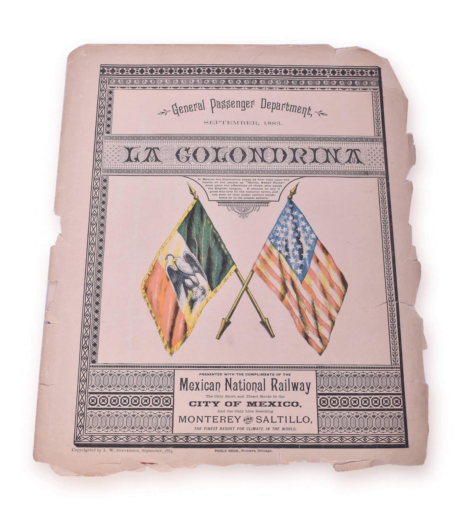 Mexican National Railway 1883 La Clondrina Sheet Music: Mexican National Railway 1883 La Clondrina sheet music. Copyright by L.W. Stevenson, printed by Poole Bros. Music is four pages with split spine and moderate edge wear. Cover features the American and