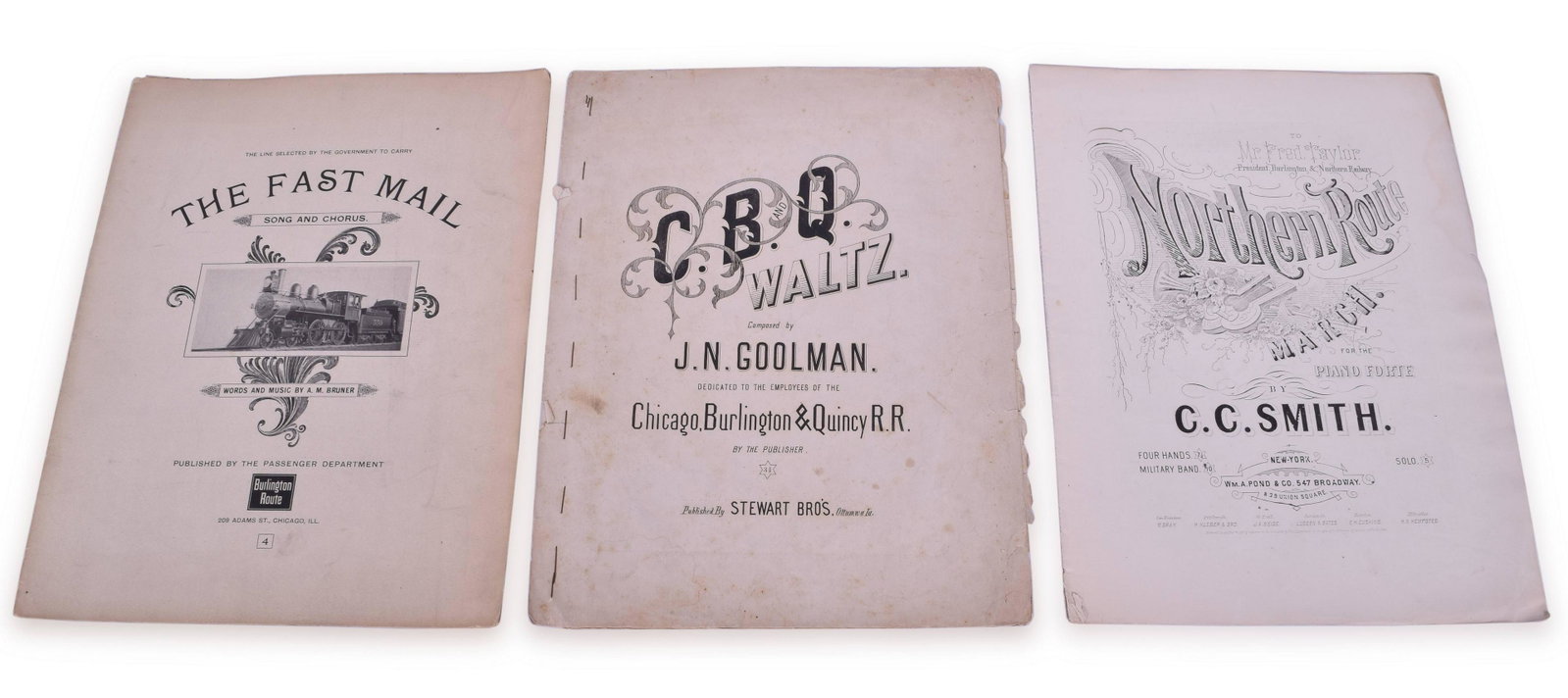 Three Pieces of CB&Q / Burlington Railroad Sheet Music - CB&Q Waltz, The Fast Mail, The Northern: Three sets of sheet music related to the CB&Q / Burlington Railroad. Includes The Fast Mail by A.M. Bruner published by the passenger department of the Burlington in 1897, the CB&Q Waltz by J.N. Gollm