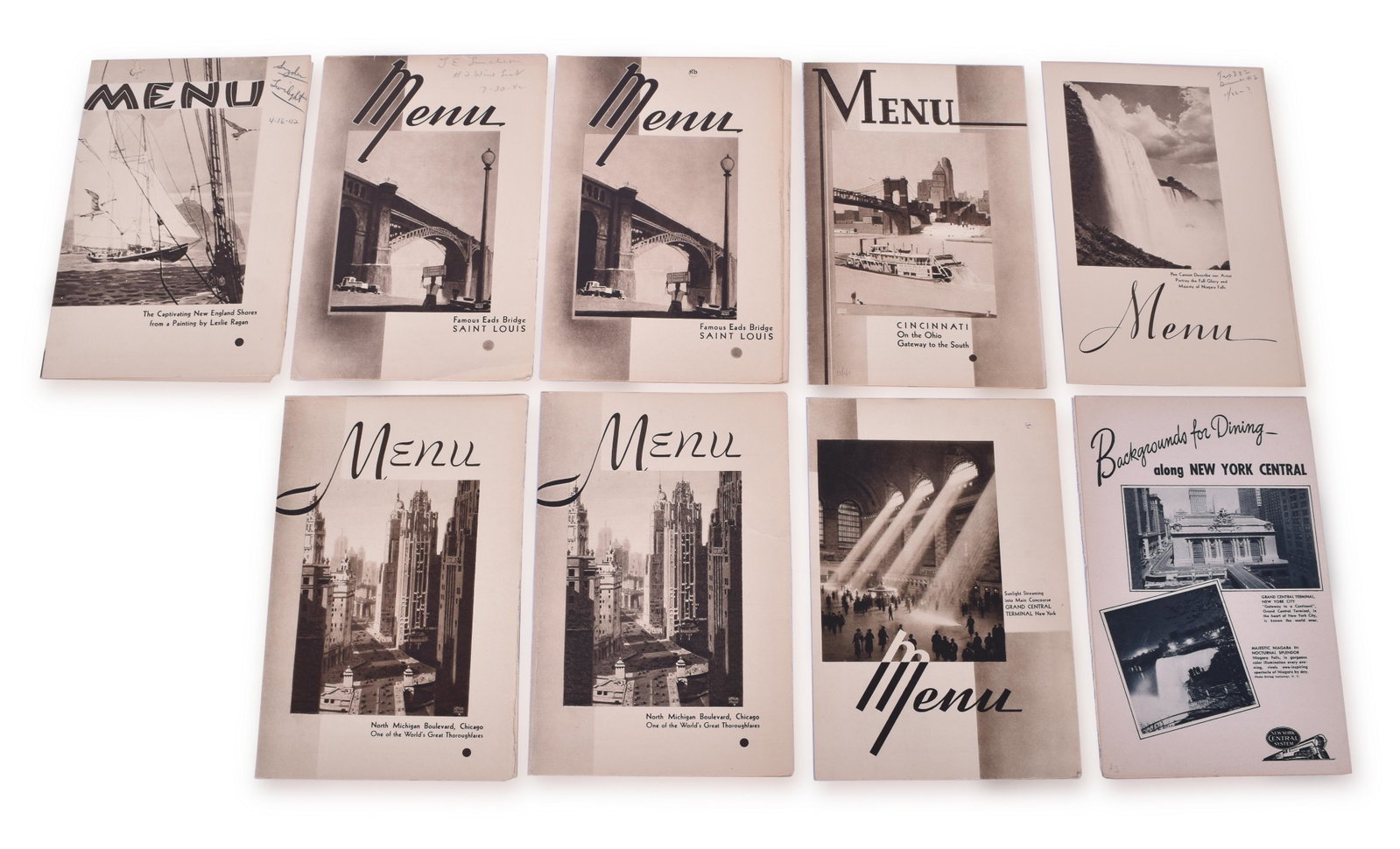 Group of nine New York Central Picture Front Menus - Pacemaker, War Time Dining Service, etc.: Group of nine New York Central picture front dining menus including Niagara Falls with specific Pacemaker markings in the interior, Grand Central Terminal with 1939 date written inside (Small puncture