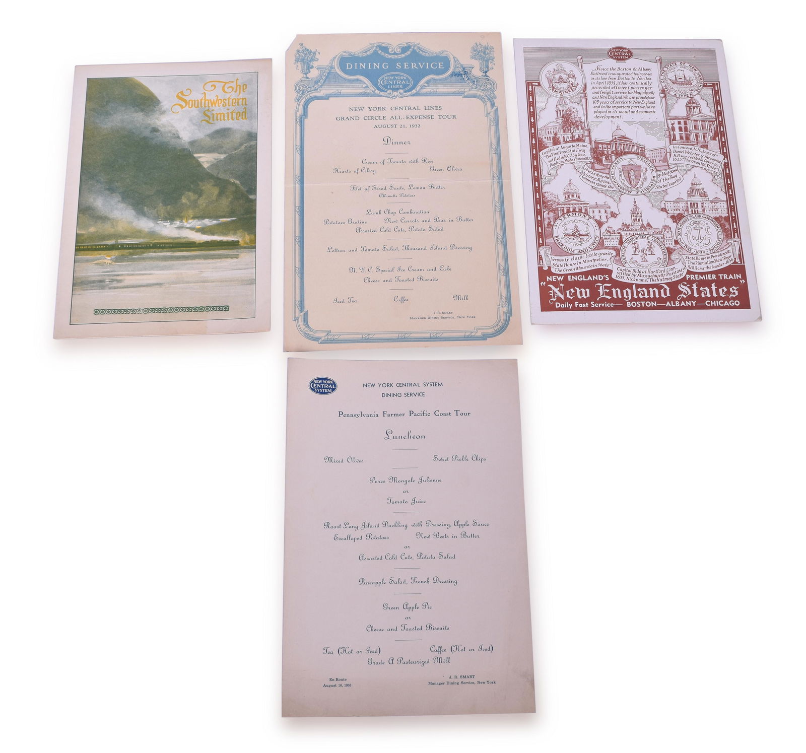 Four New York Central Menus - 1932 Grand Circle Tour, Pennsylvania Farmer Pacific Cost Tour, etc. (1 of 2)