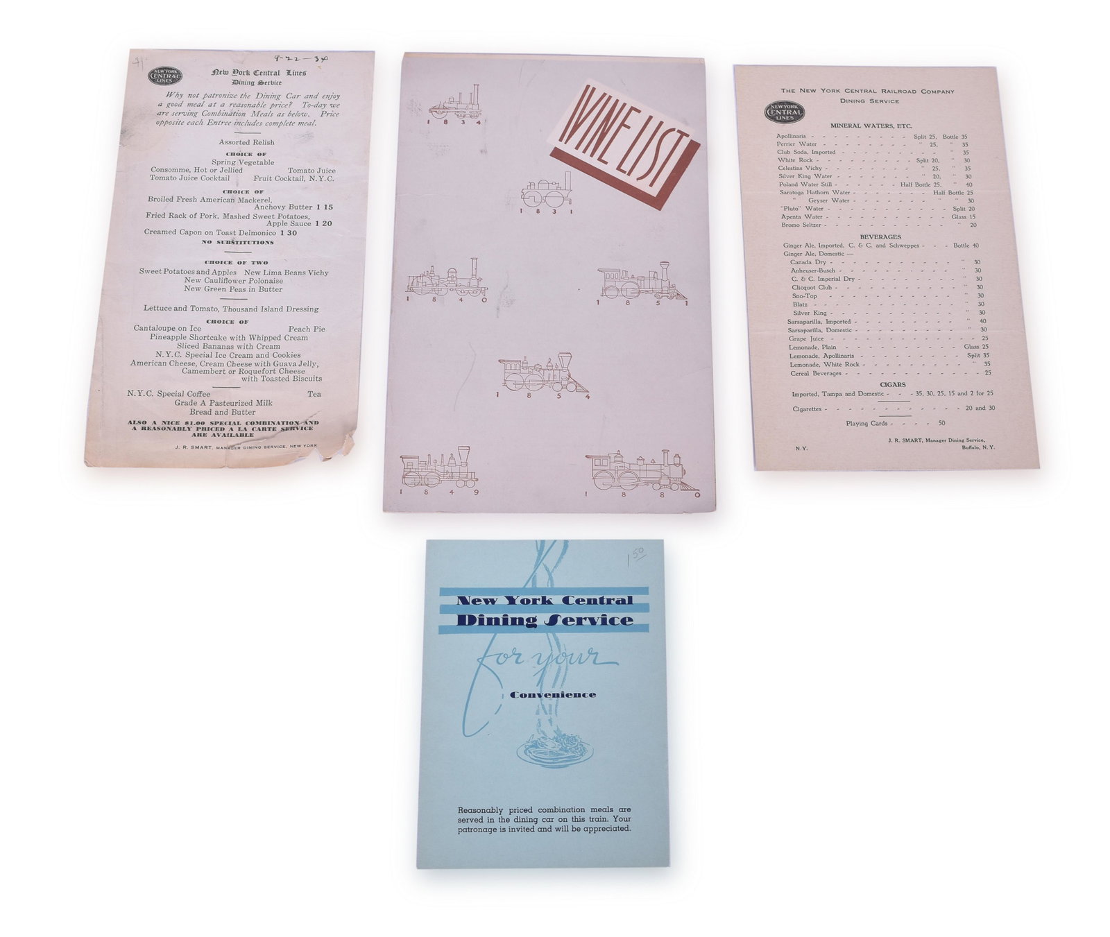 New York Central Dining Car and Lounge Paper - Wine List, Pocket Menu, etc.: New York Central single sheet dining car and lounge paper including 9-22-1934 dining service single sheet with torn / worn corner, pocket size New York Central Dining Service breakfast / lunch menu, m