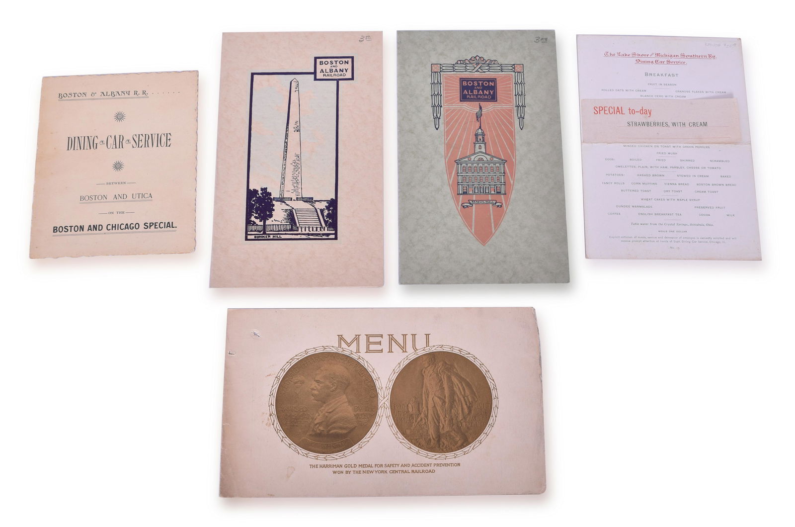 Five Dining Car Menus - B&A 1891, LS&MS 1904, Michigan Central Harriman, and B&A Bunker Hill (1 of 2)