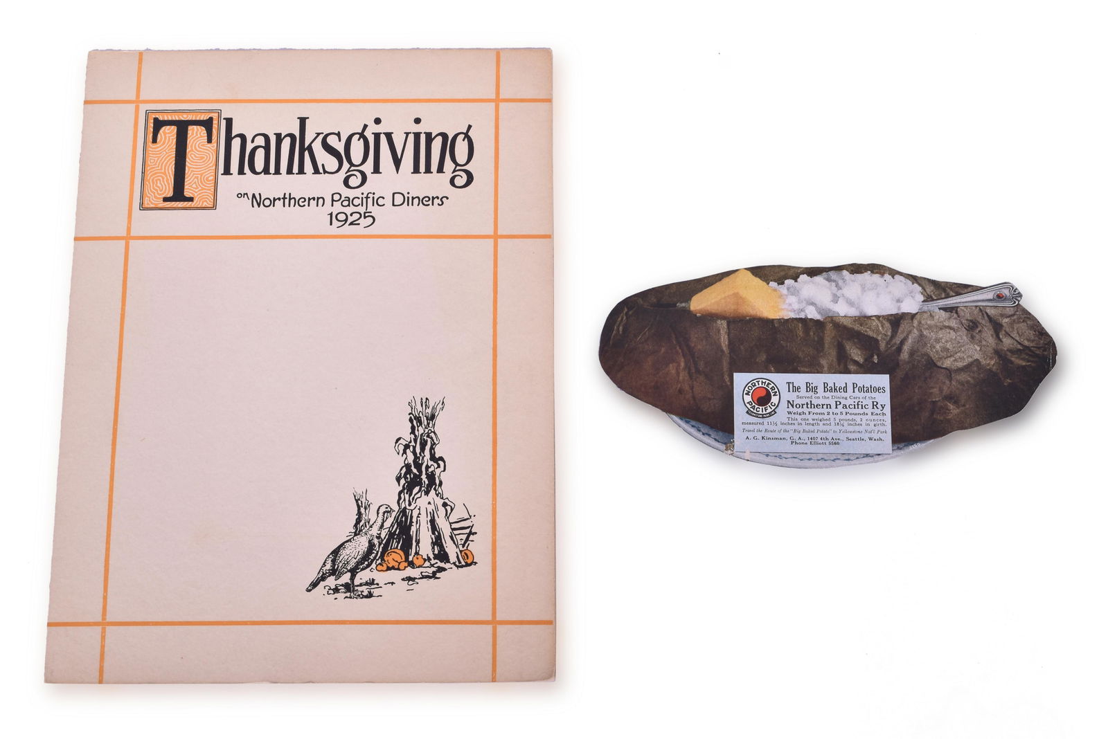 Northern Pacific Railroad Thanksgiving 1925 Menu and Big Baked Potato Advertisement (1 of 2)