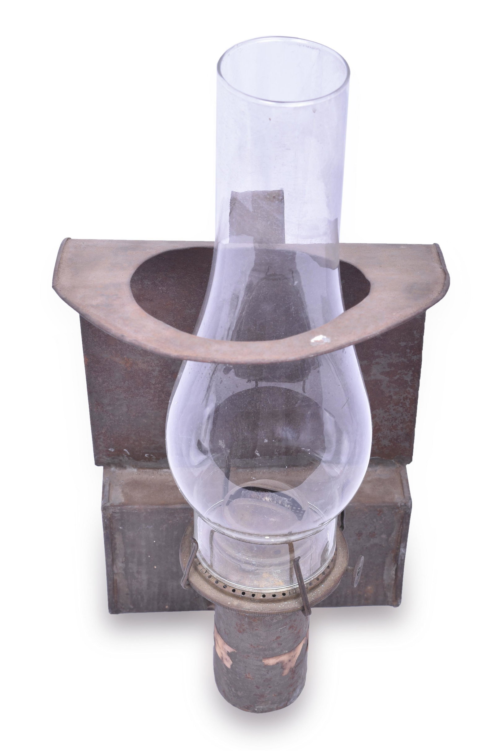 Plume and Atwood Railroad Wall Lamp: Unrestored wall lamp with Plume and Atwood wick raiser. The fuel tank has a date of JAN 22 1897 stamped in serif font on the side. The globe is non original and does not have a great fit. See photos f
