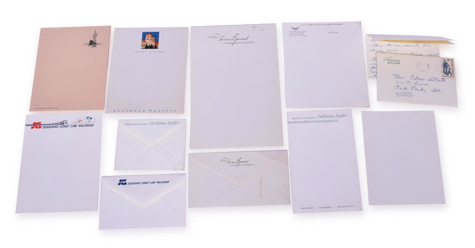 Eleven Pieces of Railroad Stationary - National Railways of Mexico, California Zephyr, Texas: Eleven pieces of railroad stationary with highlighted railroads to include Gulf Mobile and Ohio, Canadian National, Great Northern / Empire Builder, Seaboard Coast Line, National Railways of Mexico, C