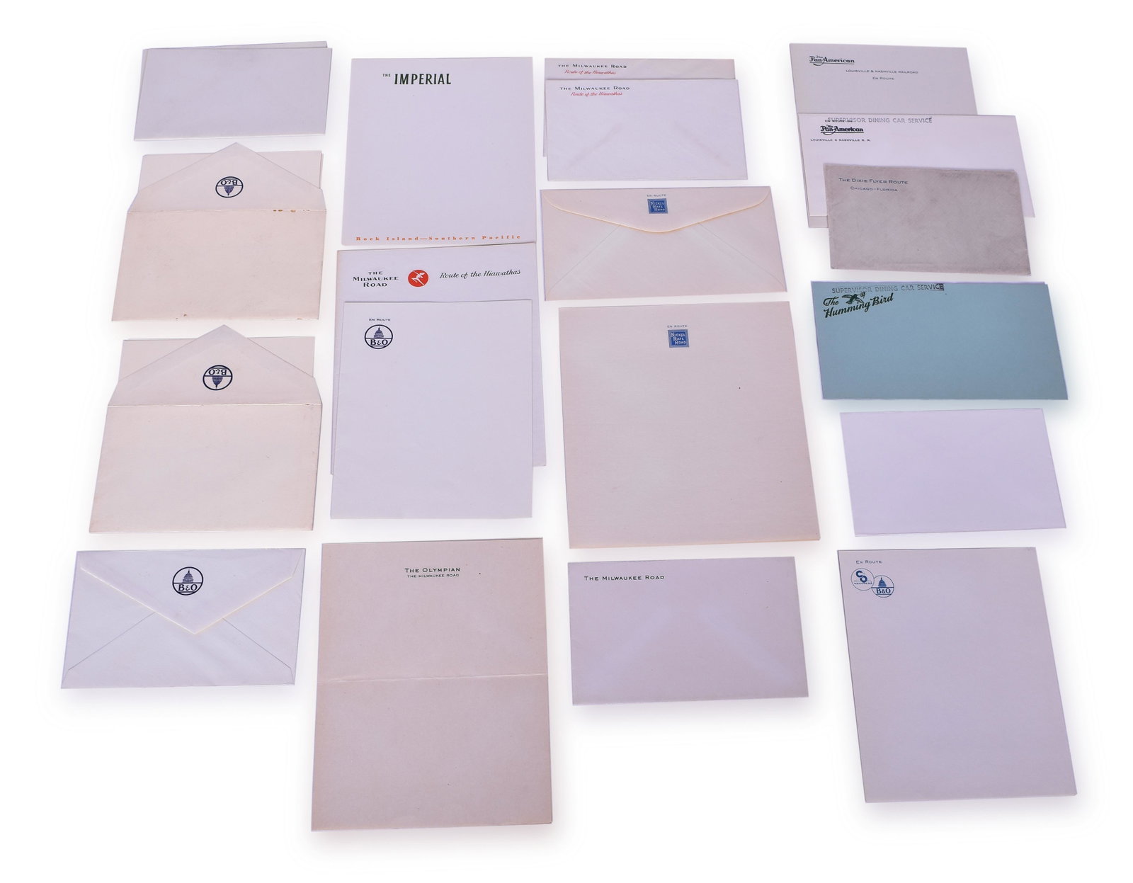Twenty Three Pieces of Railroad Stationary - Louisville and Nashville, Milwaukee Road, Rock Island,: Twenty three pieces of railroad stationary with named passenger trains including The Dixie Flyer, Louisville and Nashville Pan American, The Humming Bird - Louisville and Nashville, The Olympian - Mil