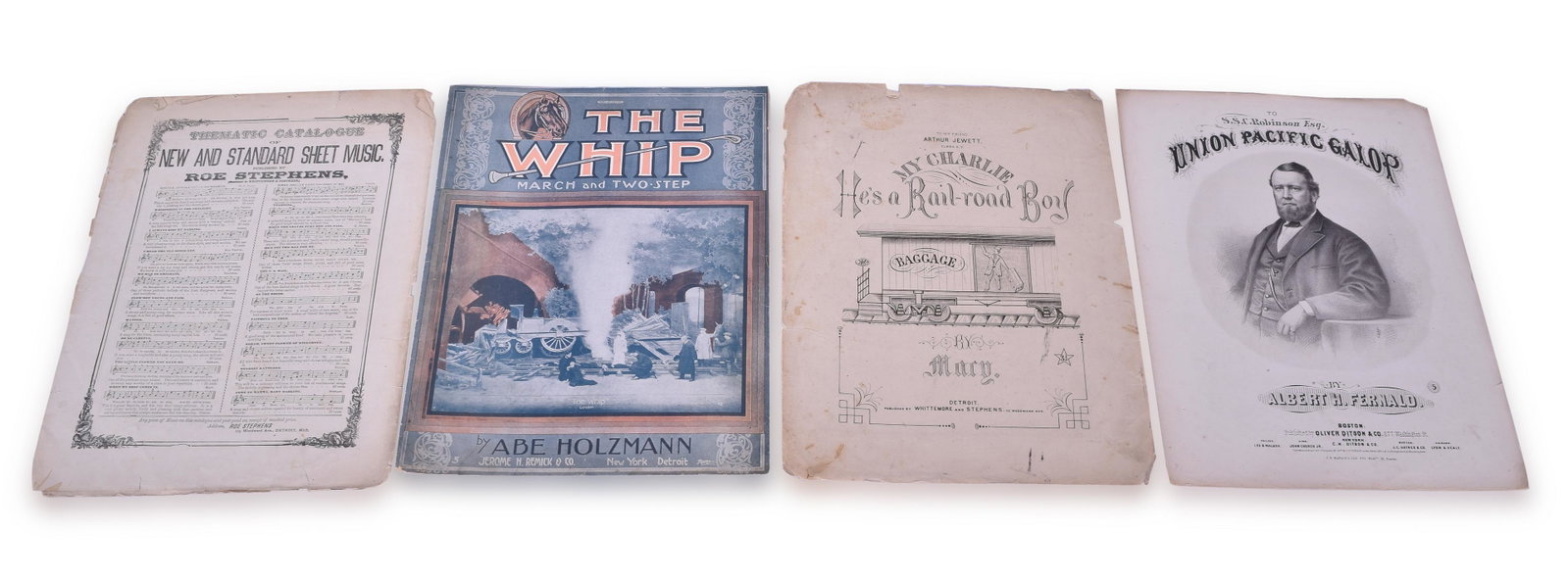 Three Pieces of Railroad Related Sheet Music - Union Pacific Galop, My Charlie He's a Railroad Boy,: Group of three pieces of railroad related sheet music including Albert Fernald Union Pacific Galop, My Charlie He's a Railroad Boy by Mary (worn edges and split spine), and The Whip by Abe Holzmann. S