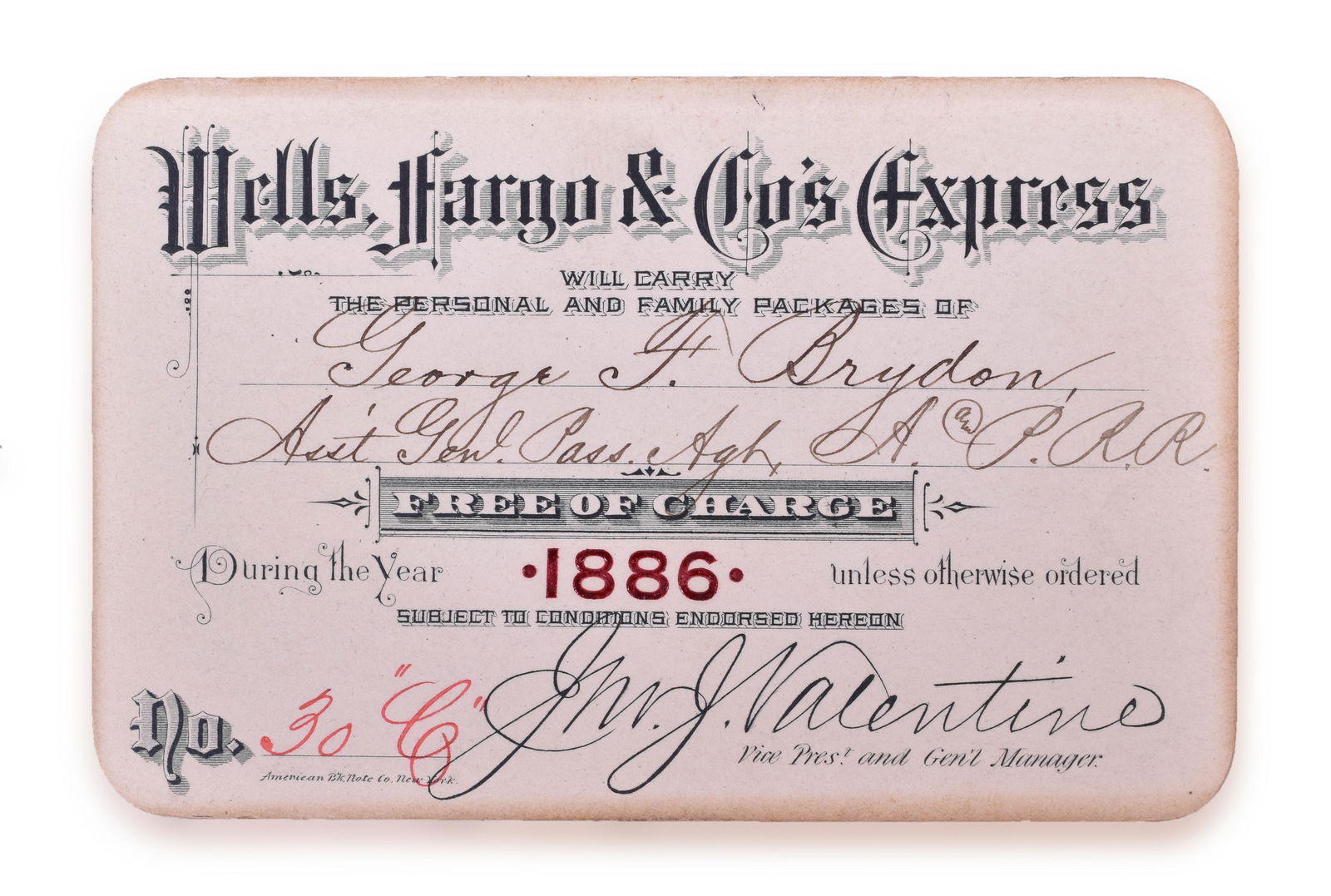 Wells Fargo & Co. Express Package Annual Pass for 1886 - Low Number (1 of 2)