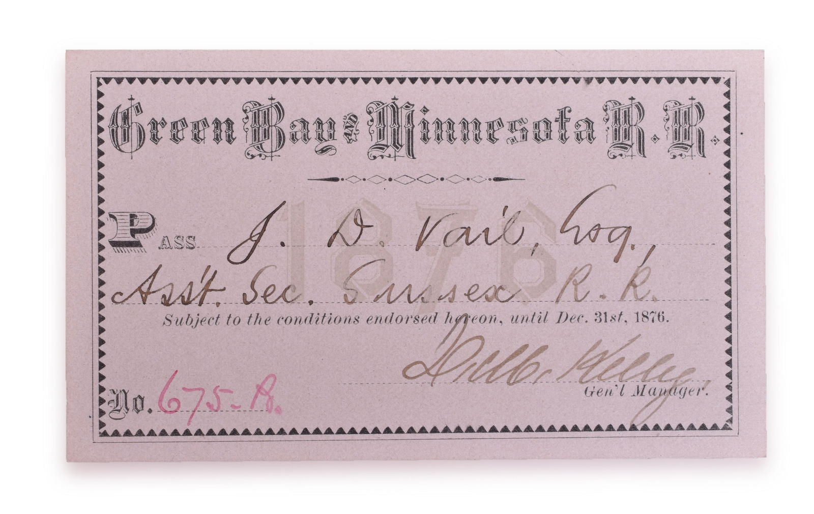 1876 Green Bay & Minnesota Railroad Annual Pass (1 of 1)