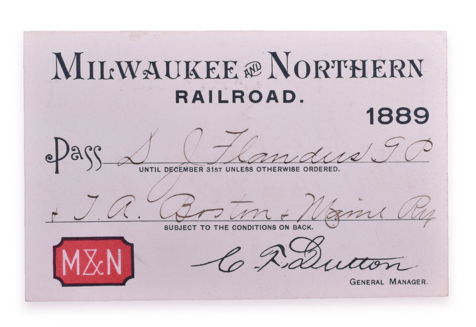1889 Milwaukee & Northern Railroad Annual Pass (1 of 2)