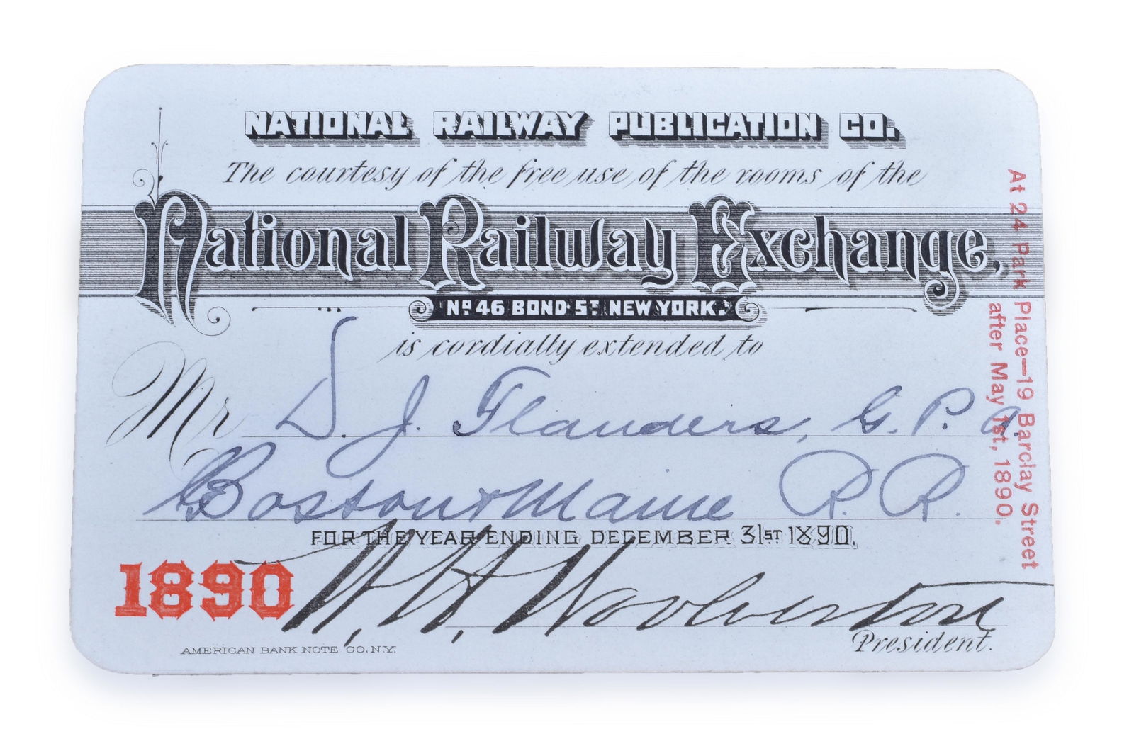 National Railway Exchange 1890 Use of Room Pass (1 of 2)