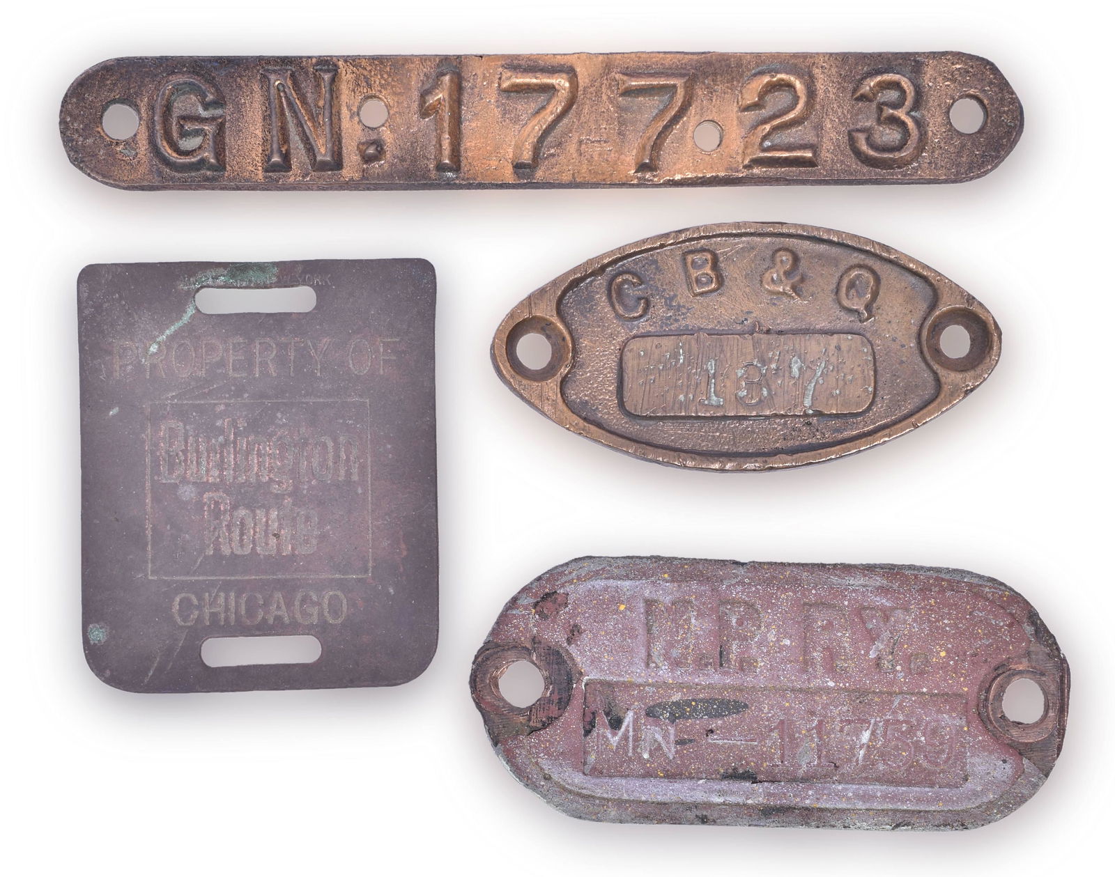 Four Railroad Property Plates / Shop Tags - Great Northern, CB&Q, Northern Pacific (1 of 2)