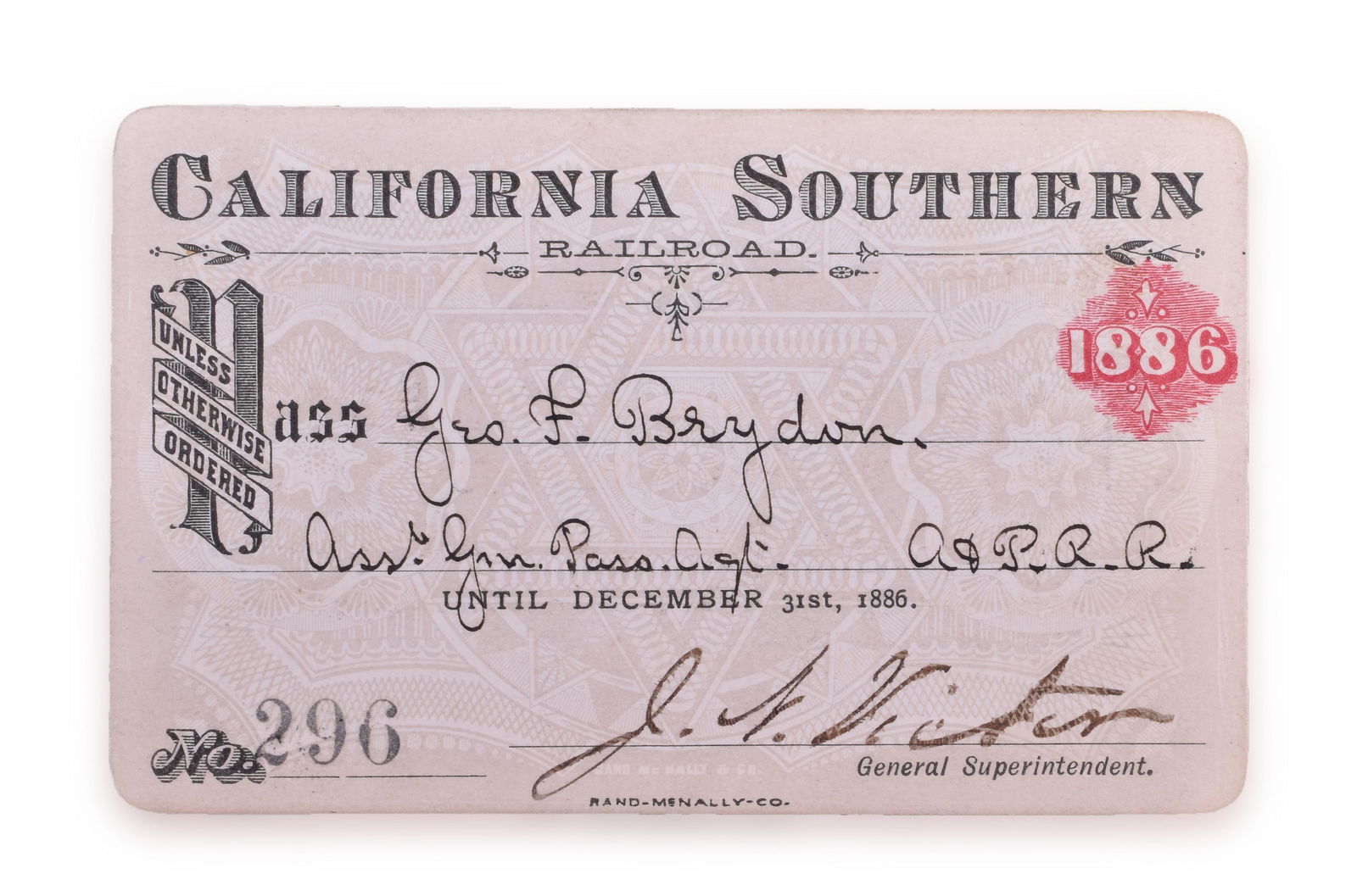 1886 California Southern Railroad Annual Pass (1 of 2)
