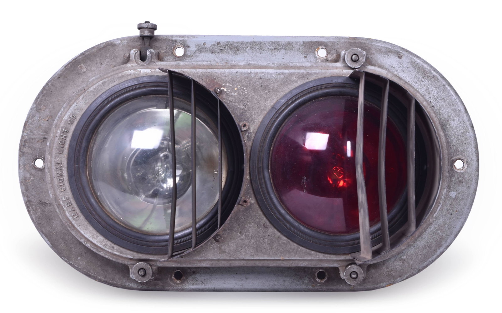 MARS Signal Company Diesel Locomotive Headlight: MARS Signal Company Diesel Locomotive Headlight MARS Diesel Locomotive Headlight. Painted in light gray, likely Burlington. The mechanism appears to be complete. Measures 19" tall by approximately 9" 