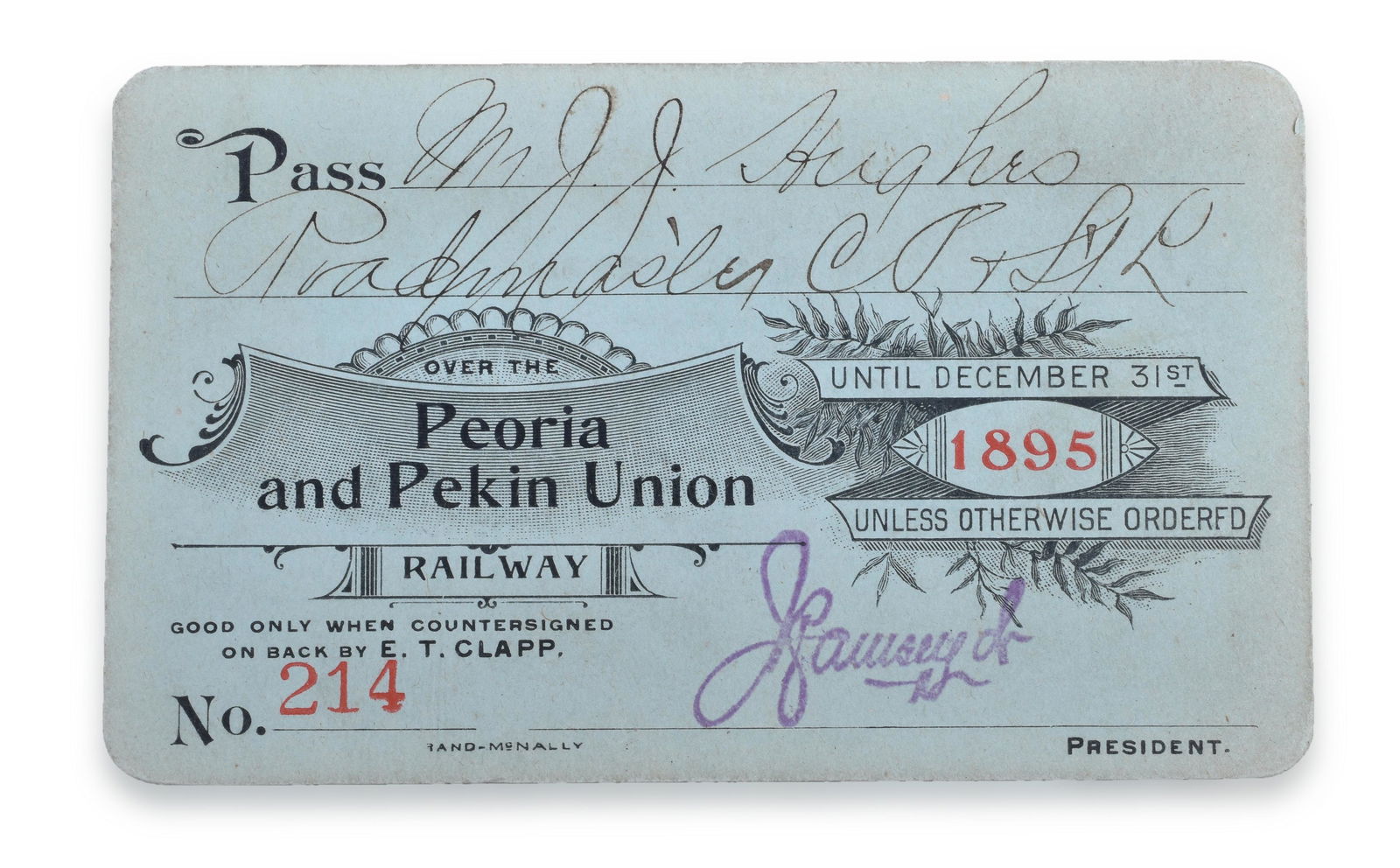 1895 Peoria and Pekin Union Railway Annual Pass (1 of 1)