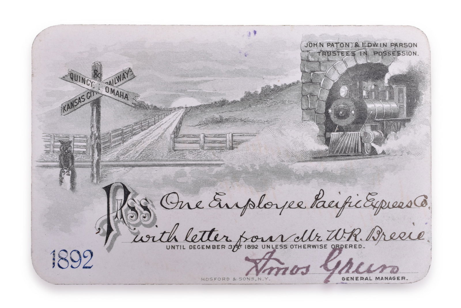 Quincy, Omaha & Kansas City Railway 1892 Annual Pass (1 of 2)
