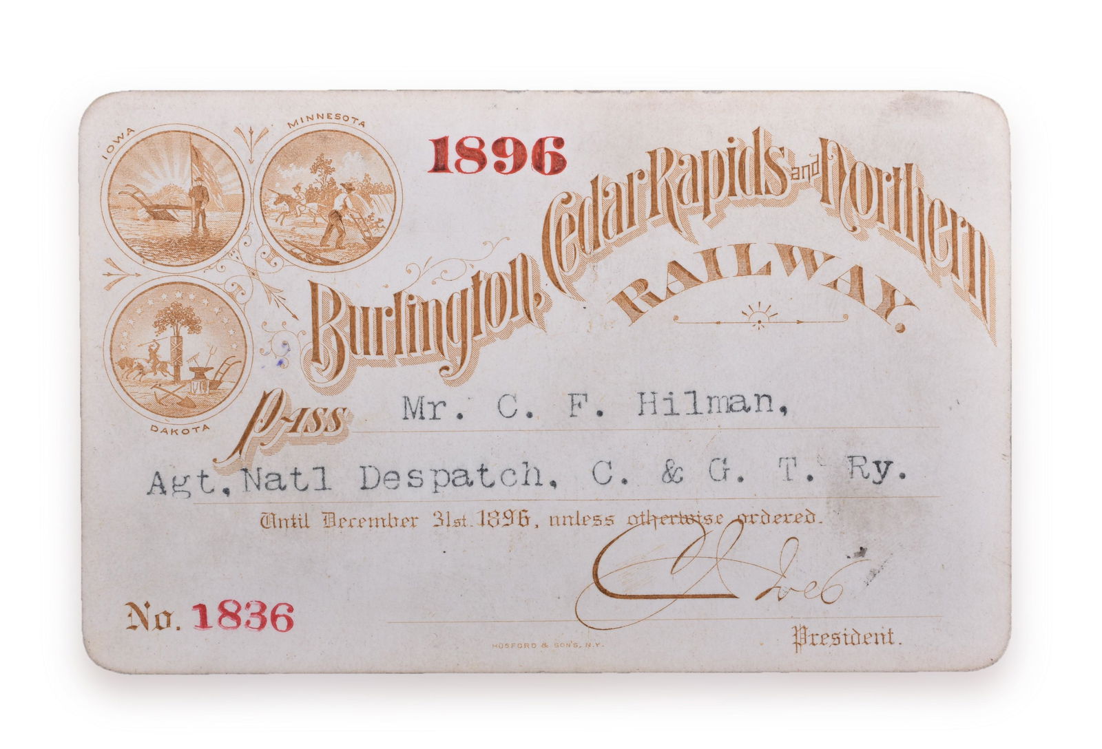 1896 Burlington, Cedar Rapids and Northern Railway Annual Pass (1 of 2)