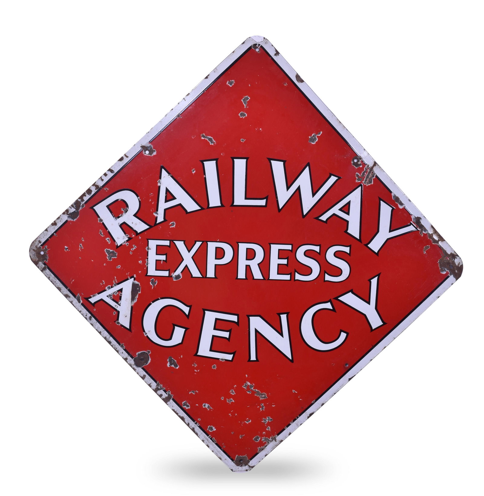 Railway Express Agency 36" Porcelain Sign: 36" Railway Express Agency porcelain sign. Moderate chipping around the edges and some light rust where the chips have occurred. The bottom corner of the sign has a slight bend, but no cracking along