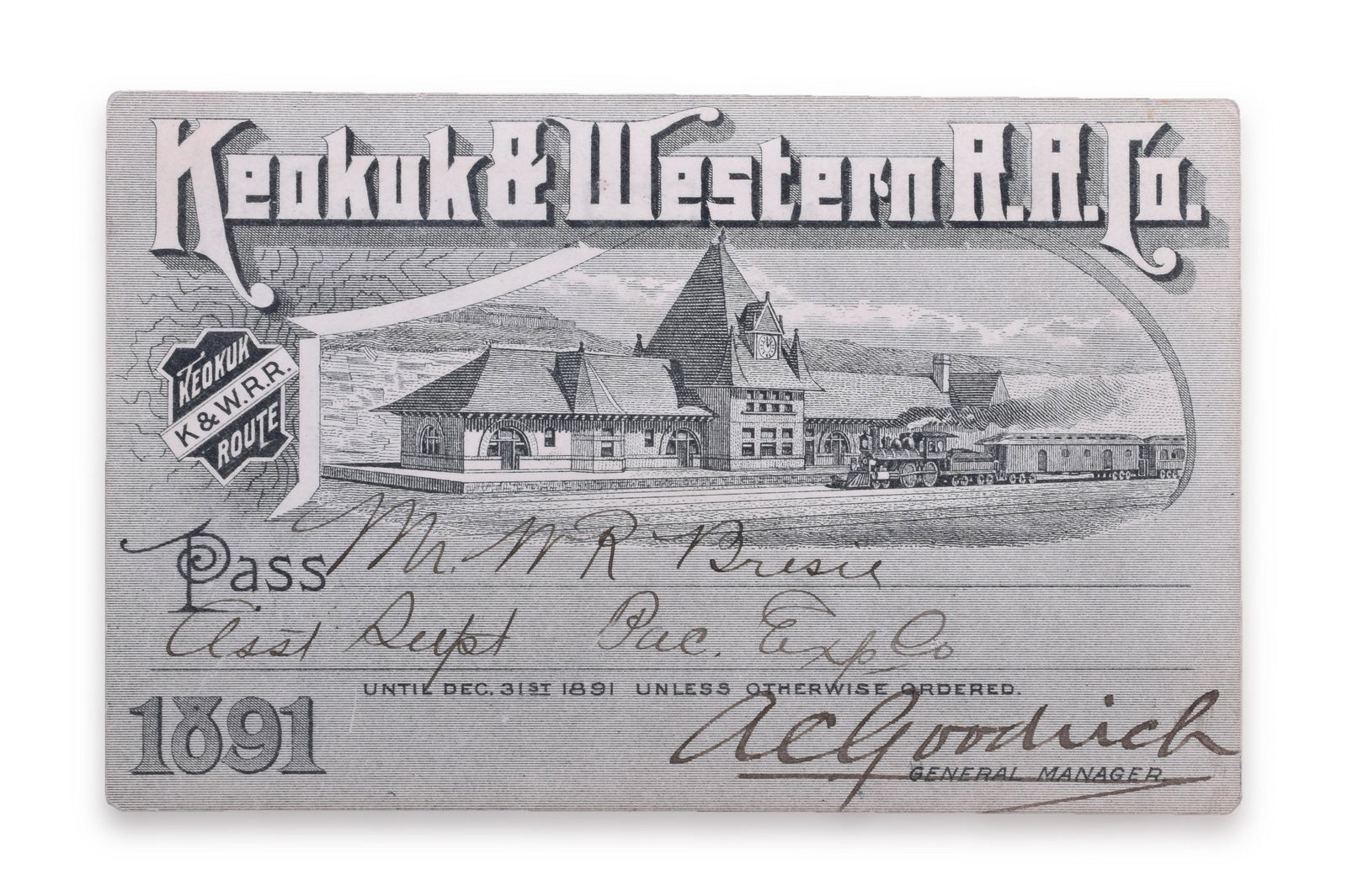 Keokuk & Western Railroad 1891 Annual Pass (1 of 2)