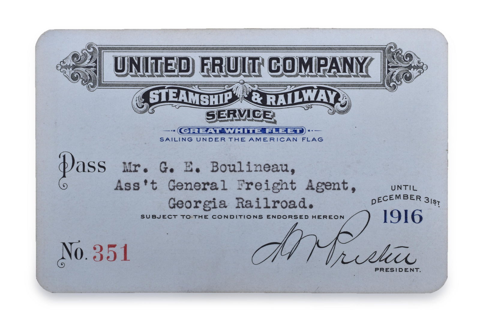 1916 United Fruit Company Railway Annual Pass (1 of 2)