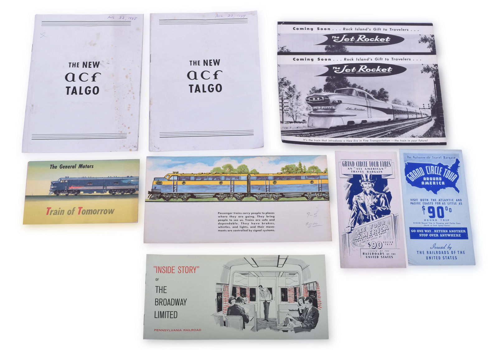 Nine Railroad Brochures - ACF Talgo, Rock Island Jet Rocket, GM Train of Tomorrow, Pennsylvania (1 of 2)