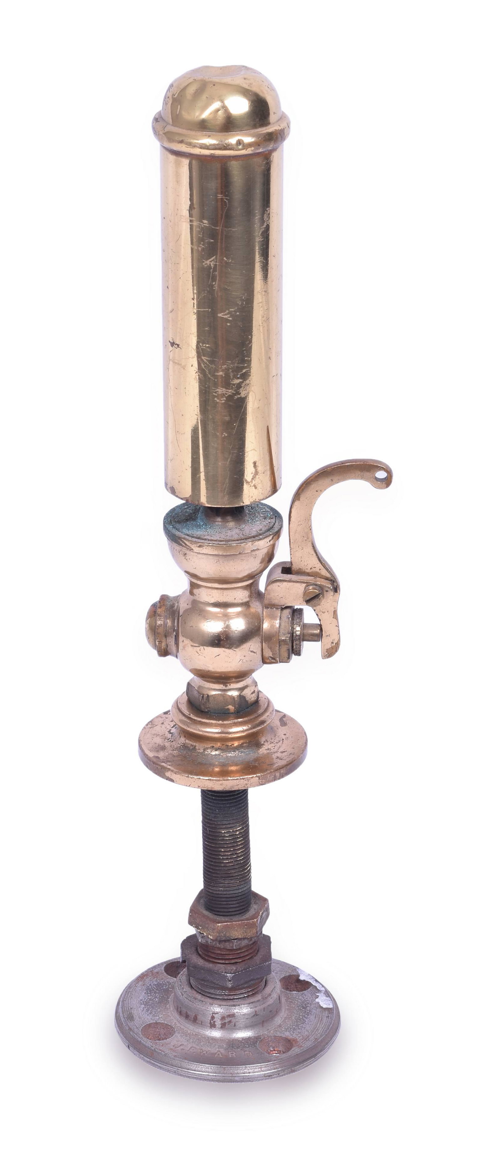 Brass Steam / Air Whistle - 9 1/4" Tall: Brass steam / air whistle. Whistle measures 9 1/4" tall. The only marking on the whistle is "Pat applied for" stamped on the bowl. The top has some denting. The whistle has been mounted to a base to a