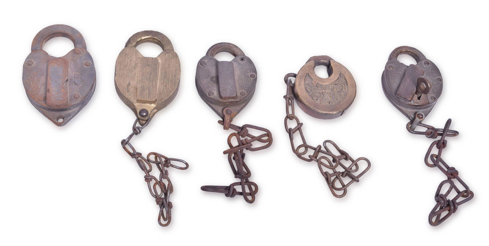 Five Brass and Steel Locks - Champion Pancake, Wilson Bohannon, Climax (1 of 2)
