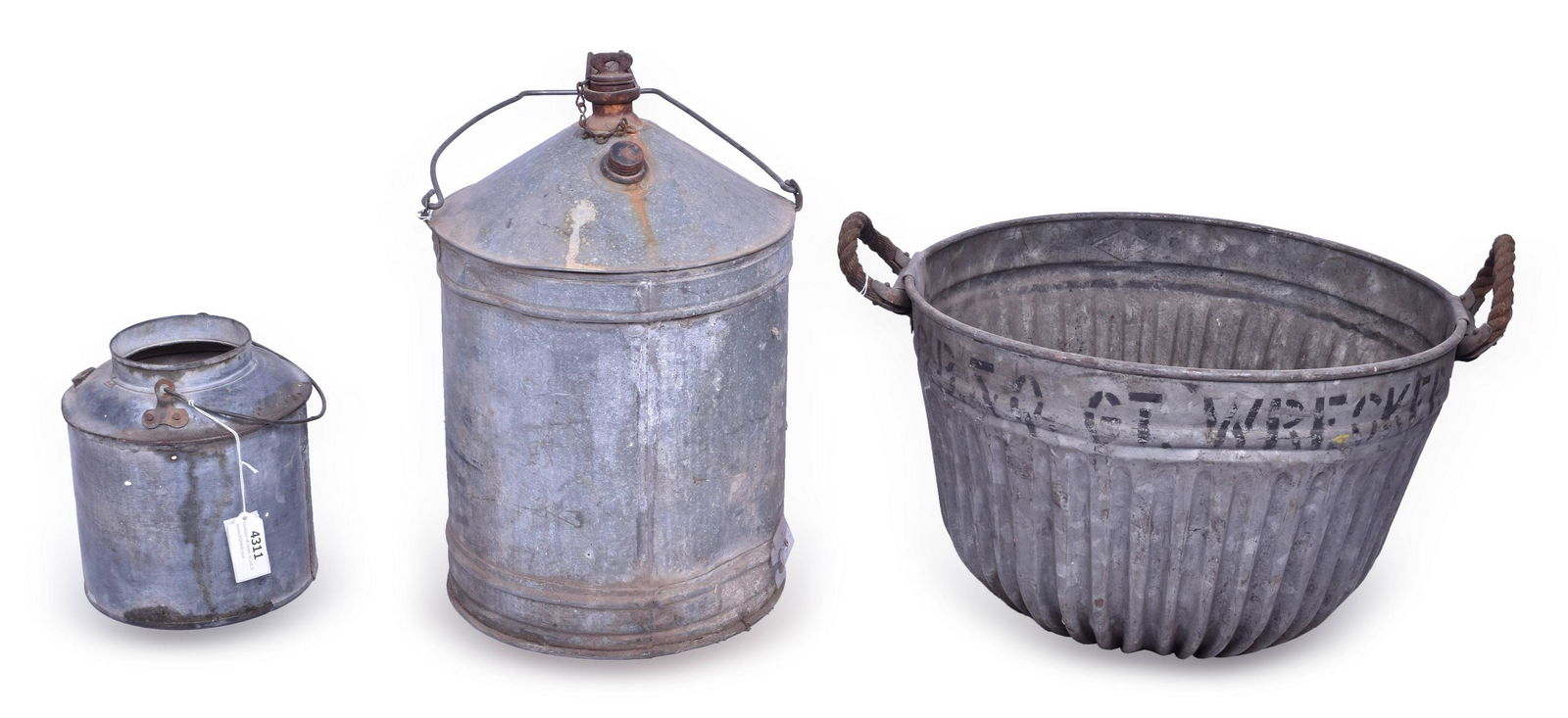 Three pieces of CB&Q / Burlington Railroad Tin Ware - Wrecker Bucket, Journal Oil Canister (1 of 2)