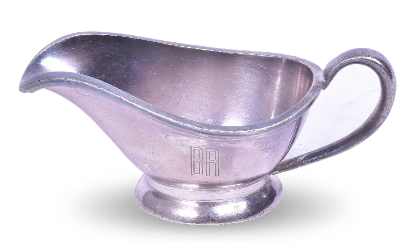 CB&Q / Burlington Reed and Barton Silver Soldered 3 OZ Sauce Boat: CB&Q / Burlington Reed and Barton Silver Soldered 3 OZ Sauce Boat. Stamped with BR lettering on the side, back stamped Reed and Barton Silver Soldered 3700B3 3 OZ. Property of C.B & Q R.R. CO. Minor n